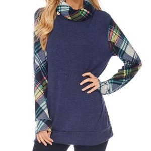 Navy Plaid Cowlneck Sweater